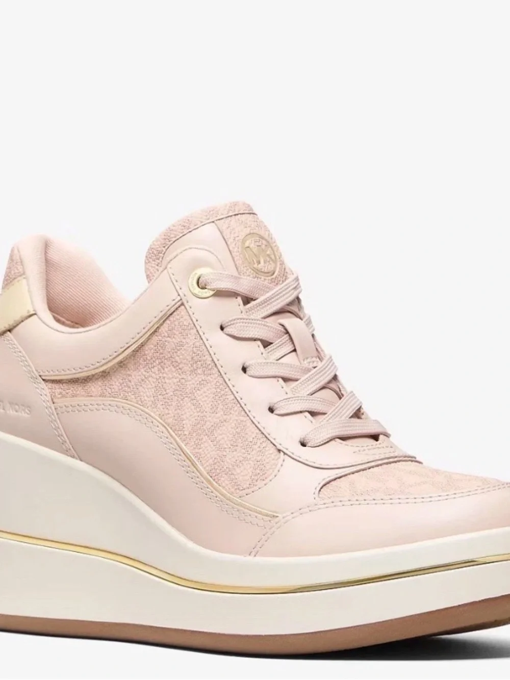 Michael Kors Size 8 Blush Pink Wedge Platform Sneaker with Gold Trim New In Box